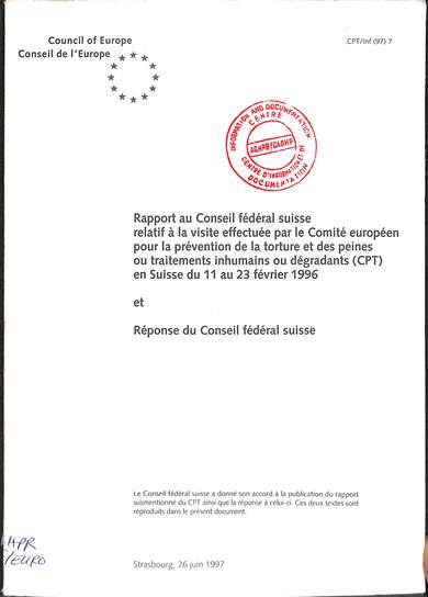 Rapport au Conseil fédéral Suisse relatif à la visite effectuée par le comité  Européen pour la prévention de la torture et des peines ou traitements inhumains ou dégradants (CPT) en Suisse dun 11 au 23 Février 1996 et responses du conseil fédéral Suisse