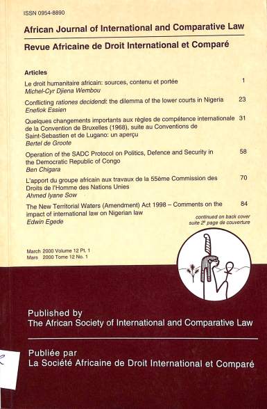 African journal of international law = Revue Africaine de droit international et compare: March 2000 volume 12 pt. 1