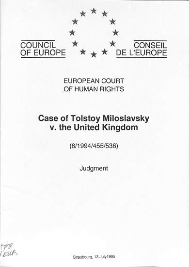 Case of Tolstoy Miloslavsky v. the United Kingdom: Judgement