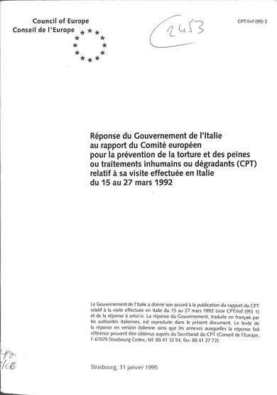 Réponse du gouvernement de i'talie au rapport du Comité européen pour la prévention de la torture et des peines ou traitements inhumains ou dégradants (CPT) relatif à sa visite effectuée en italie du 15 au 27 mars 1992